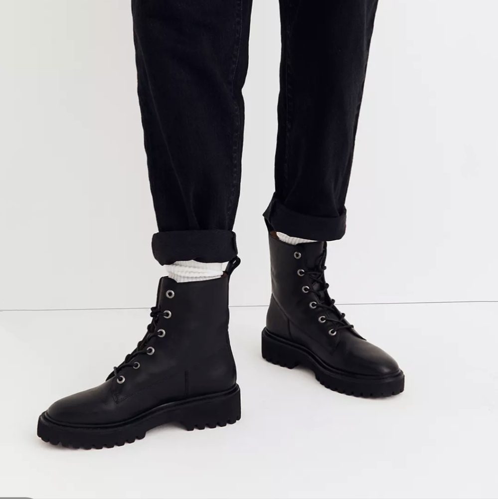 Madewell Rayna Lace Up Boots in Black Leather Size 6.5